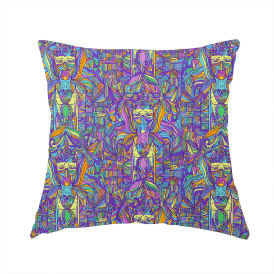 The fabric used to create this handmade cushion is an intricate, psychedelic repeating pattern featuring abstract geometric shapes and stylized figures in vibrant shades of purple, blue, green, and orange.