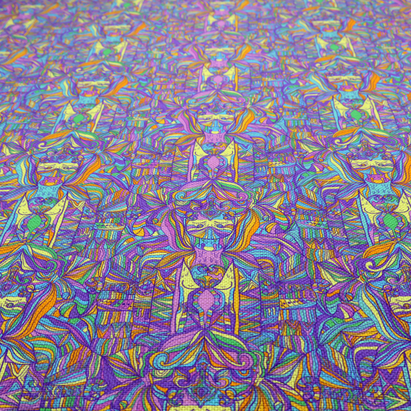 An intricate, psychedelic repeating pattern featuring abstract geometric shapes and stylized figures in vibrant shades of purple, blue, green, and orange.