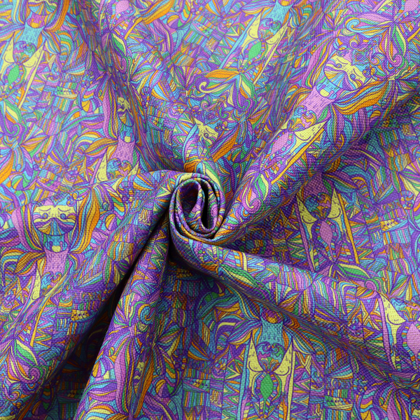 An intricate, psychedelic repeating pattern featuring abstract geometric shapes and stylized figures in vibrant shades of purple, blue, green, and orange.