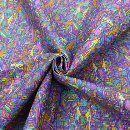 An intricate, psychedelic repeating pattern featuring abstract geometric shapes and stylized figures in vibrant shades of purple, blue, green, and orange.