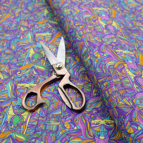 An intricate, psychedelic repeating pattern featuring abstract geometric shapes and stylized figures in vibrant shades of purple, blue, green, and orange.