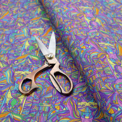 An intricate, psychedelic repeating pattern featuring abstract geometric shapes and stylized figures in vibrant shades of purple, blue, green, and orange.