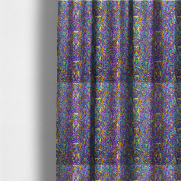 The fabric used to create these made-to-measure curtains is an intricate, psychedelic repeating pattern featuring abstract geometric shapes and stylized figures in vibrant shades of purple, blue, green, and orange.