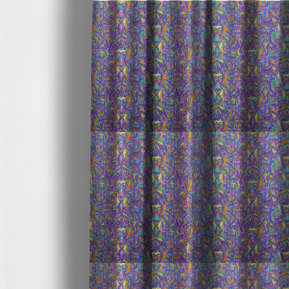 The fabric used to create these made-to-measure curtains is an intricate, psychedelic repeating pattern featuring abstract geometric shapes and stylized figures in vibrant shades of purple, blue, green, and orange.