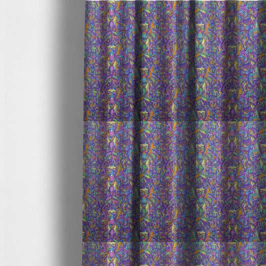 The fabric used to create these made-to-measure curtains is an intricate, psychedelic repeating pattern featuring abstract geometric shapes and stylized figures in vibrant shades of purple, blue, green, and orange.