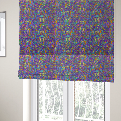 The fabric used to create these Roman blinds is an intricate, psychedelic repeating pattern featuring abstract geometric shapes and stylized figures in vibrant shades of purple, blue, green, and orange.