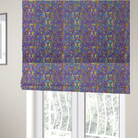 The fabric used to create these Roman blinds is an intricate, psychedelic repeating pattern featuring abstract geometric shapes and stylized figures in vibrant shades of purple, blue, green, and orange.