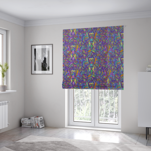The fabric used to create these Roman blinds is an intricate, psychedelic repeating pattern featuring abstract geometric shapes and stylized figures in vibrant shades of purple, blue, green, and orange.