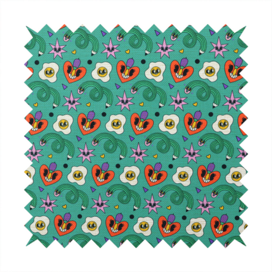 A repeating pattern of quirky, cartoonish motifs including smiling eggs, stylized red hearts with faces, wiggly green pencils, and pink star-like shapes on a teal background.