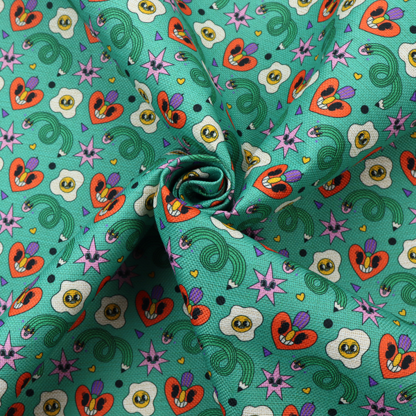 A repeating pattern of quirky, cartoonish motifs including smiling eggs, stylized red hearts with faces, wiggly green pencils, and pink star-like shapes on a teal background.