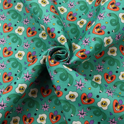 A repeating pattern of quirky, cartoonish motifs including smiling eggs, stylized red hearts with faces, wiggly green pencils, and pink star-like shapes on a teal background.