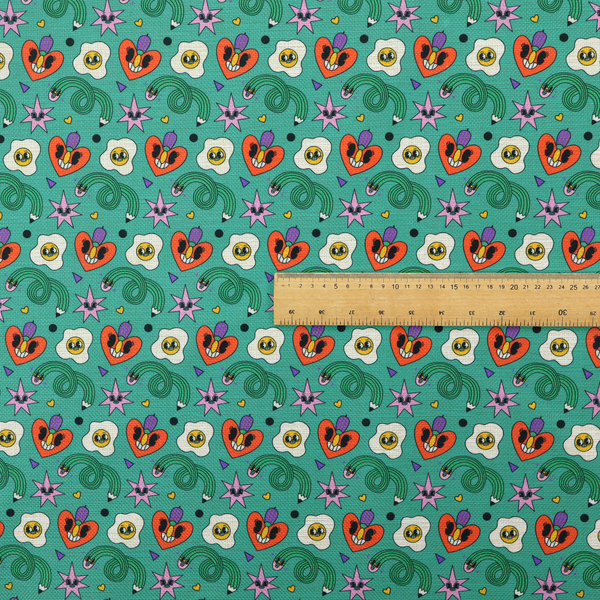 A repeating pattern of quirky, cartoonish motifs including smiling eggs, stylized red hearts with faces, wiggly green pencils, and pink star-like shapes on a teal background.