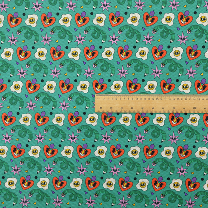 A repeating pattern of quirky, cartoonish motifs including smiling eggs, stylized red hearts with faces, wiggly green pencils, and pink star-like shapes on a teal background.
