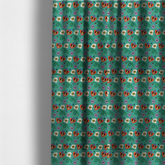 The fabric used to create these made-to-measure curtains is a repeating pattern of quirky, cartoonish motifs including smiling eggs, stylized red hearts with faces, wiggly green pencils, and pink star-like shapes on a teal background.
