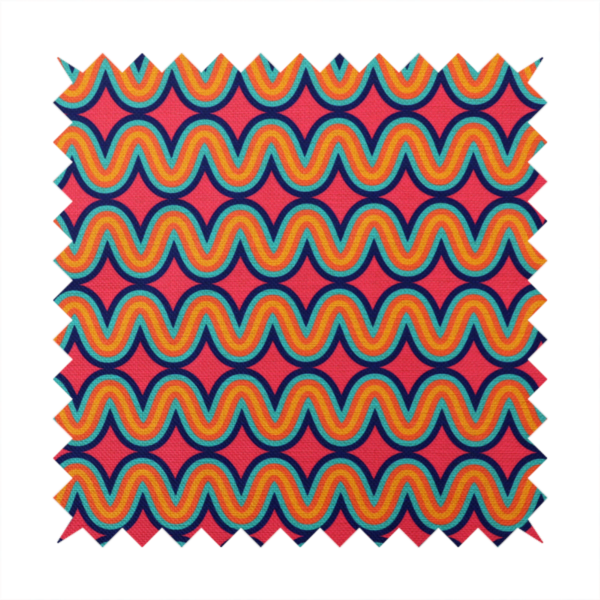 A repeating geometric pattern of undulating, concentric wavy lines in teal, orange, and yellow, outlined in dark blue, set against a vibrant pink background.