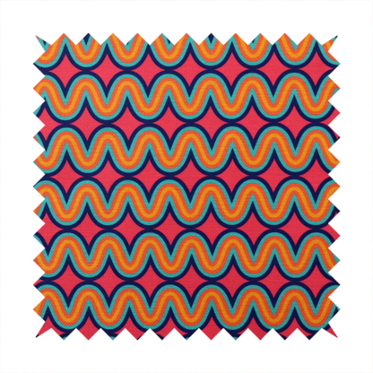 A repeating geometric pattern of undulating, concentric wavy lines in teal, orange, and yellow, outlined in dark blue, set against a vibrant pink background.
