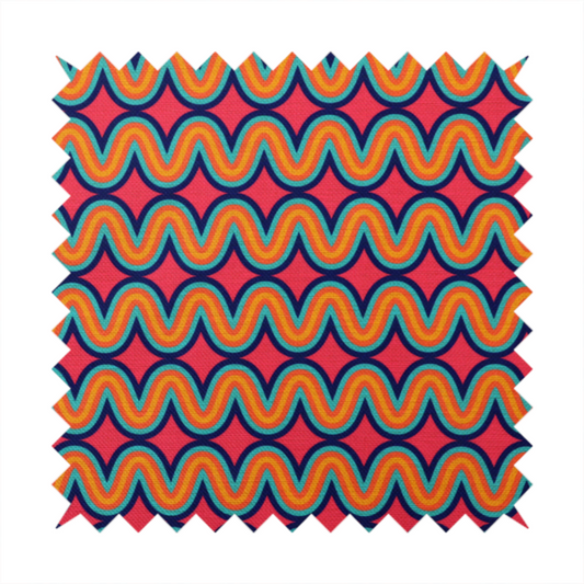 A repeating geometric pattern of undulating, concentric wavy lines in teal, orange, and yellow, outlined in dark blue, set against a vibrant pink background.
