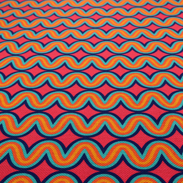 A repeating geometric pattern of undulating, concentric wavy lines in teal, orange, and yellow, outlined in dark blue, set against a vibrant pink background.
