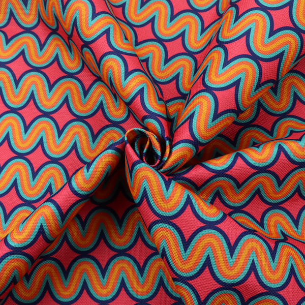 A repeating geometric pattern of undulating, concentric wavy lines in teal, orange, and yellow, outlined in dark blue, set against a vibrant pink background.
