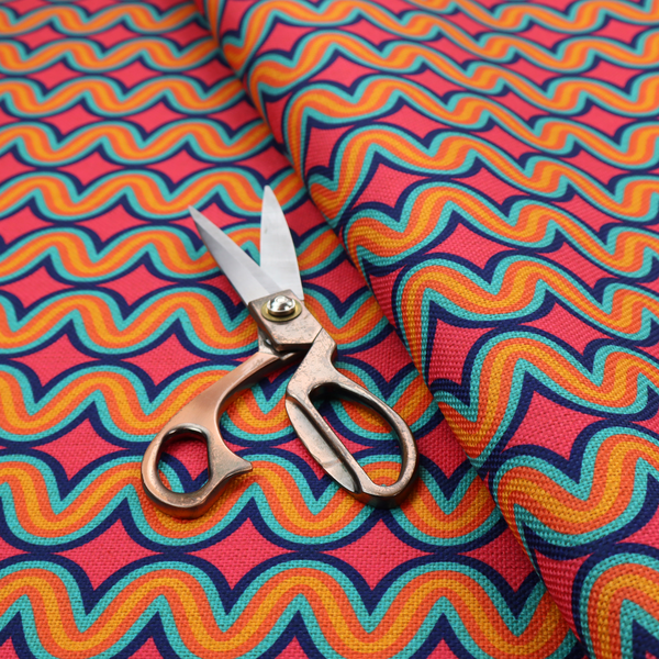 A repeating geometric pattern of undulating, concentric wavy lines in teal, orange, and yellow, outlined in dark blue, set against a vibrant pink background.