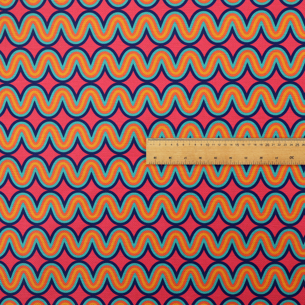 A repeating geometric pattern of undulating, concentric wavy lines in teal, orange, and yellow, outlined in dark blue, set against a vibrant pink background.
