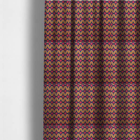 The fabric used to create these made-to-measure curtains is a repeating geometric pattern of undulating, concentric wavy lines in teal, orange, and yellow, outlined in dark blue, set against a vibrant pink background.