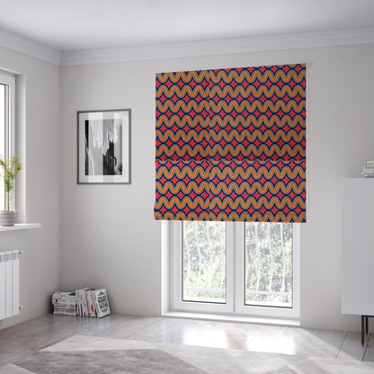 The fabric used to create these Roman blinds is a repeating geometric pattern of undulating, concentric wavy lines in teal, orange, and yellow, outlined in dark blue, set against a vibrant pink background.
