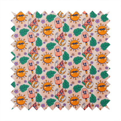 A repeating summer-themed pattern featuring quirky, smiling characters including popsicles, watermelons with beach balls, sunglasses-wearing suns, green leaves, and small purple flowers on a light peach background.