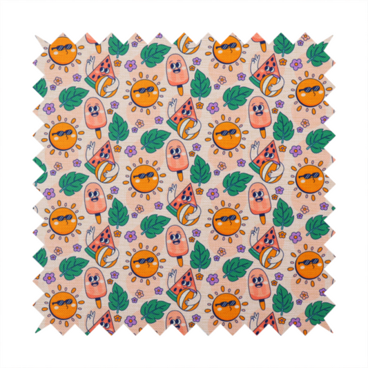 A repeating summer-themed pattern featuring quirky, smiling characters including popsicles, watermelons with beach balls, sunglasses-wearing suns, green leaves, and small purple flowers on a light peach background.