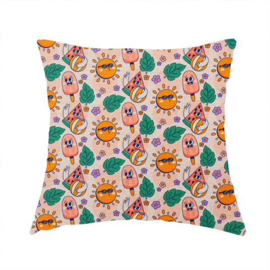 The fabric used to create this handmade cushion is a repeating summer-themed pattern featuring quirky, smiling characters including popsicles, watermelons with beach balls, sunglasses-wearing suns, green leaves, and small purple flowers on a light peach background.