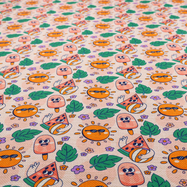 A repeating summer-themed pattern featuring quirky, smiling characters including popsicles, watermelons with beach balls, sunglasses-wearing suns, green leaves, and small purple flowers on a light peach background.
