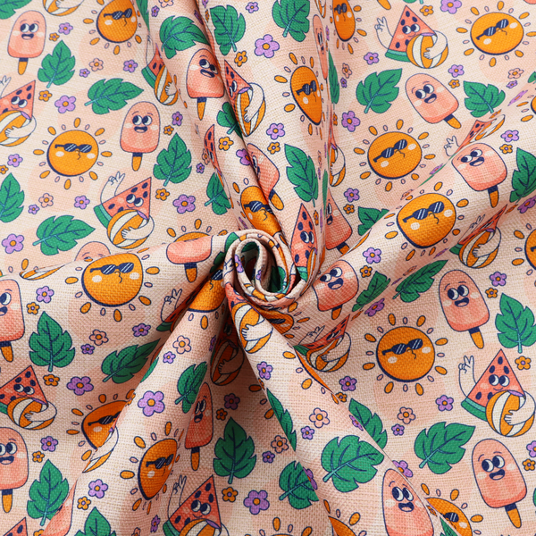A repeating summer-themed pattern featuring quirky, smiling characters including popsicles, watermelons with beach balls, sunglasses-wearing suns, green leaves, and small purple flowers on a light peach background.
