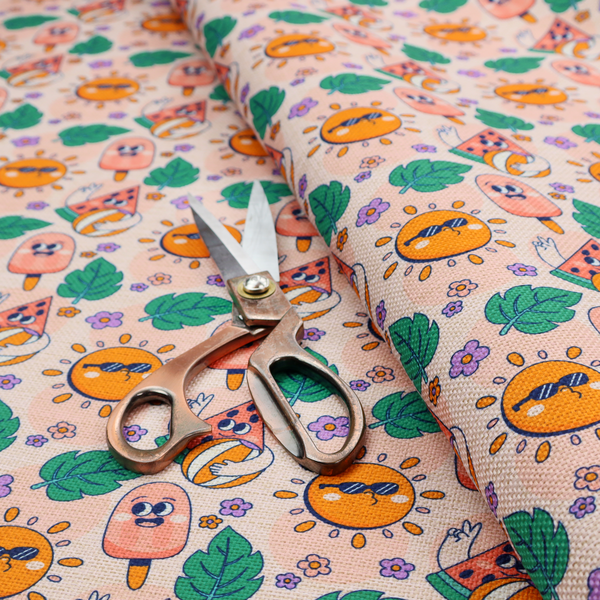 A repeating summer-themed pattern featuring quirky, smiling characters including popsicles, watermelons with beach balls, sunglasses-wearing suns, green leaves, and small purple flowers on a light peach background.