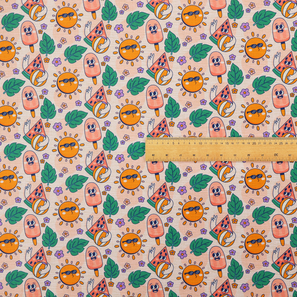 A repeating summer-themed pattern featuring quirky, smiling characters including popsicles, watermelons with beach balls, sunglasses-wearing suns, green leaves, and small purple flowers on a light peach background.