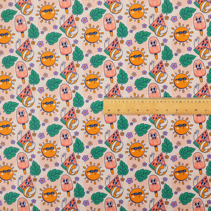 A repeating summer-themed pattern featuring quirky, smiling characters including popsicles, watermelons with beach balls, sunglasses-wearing suns, green leaves, and small purple flowers on a light peach background.