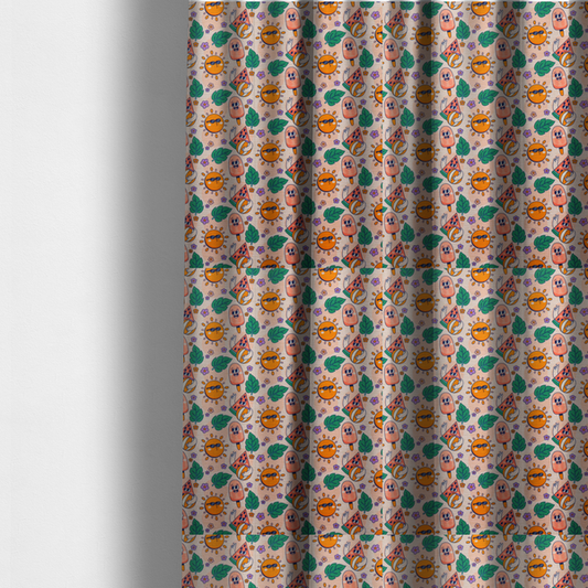 The fabric used to create these made-to-measure curtains is a repeating summer-themed pattern featuring quirky, smiling characters including popsicles, watermelons with beach balls, sunglasses-wearing suns, green leaves, and small purple flowers on a light peach background.