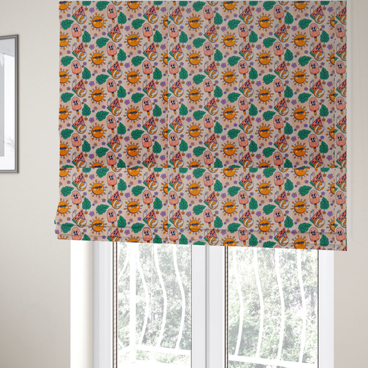 The fabric used to create these Roman blinds is a repeating summer-themed pattern featuring quirky, smiling characters including popsicles, watermelons with beach balls, sunglasses-wearing suns, green leaves, and small purple flowers on a light peach background.