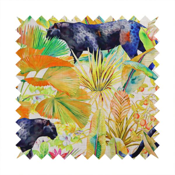 A vibrant tropical pattern featuring prowling dark leopards and jaguars hidden among lush jungle foliage, oversized palm leaves, and bright floral accents in warm and cool tones.
