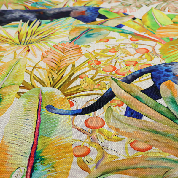 A vibrant tropical pattern featuring prowling dark leopards and jaguars hidden among lush jungle foliage, oversized palm leaves, and bright floral accents in warm and cool tones.