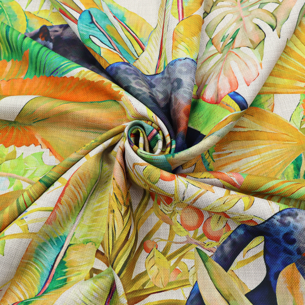 A vibrant tropical pattern featuring prowling dark leopards and jaguars hidden among lush jungle foliage, oversized palm leaves, and bright floral accents in warm and cool tones.