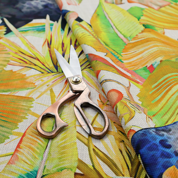 A vibrant tropical pattern featuring prowling dark leopards and jaguars hidden among lush jungle foliage, oversized palm leaves, and bright floral accents in warm and cool tones.