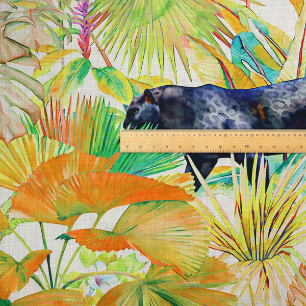 A vibrant tropical pattern featuring prowling dark leopards and jaguars hidden among lush jungle foliage, oversized palm leaves, and bright floral accents in warm and cool tones.