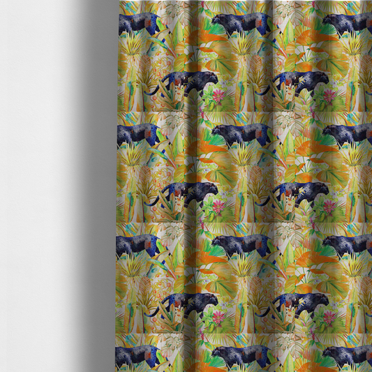 The fabric used to create these made-to-measure curtains is a vibrant tropical pattern featuring prowling dark leopards and jaguars hidden among lush jungle foliage, oversized palm leaves, and bright floral accents in warm and cool tones.