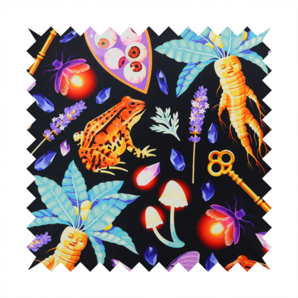 A vibrant, repeating mystical pattern on a black background featuring illustrated mandrake roots with faces, orange frogs, purple moths, glowing fireflies, potion bottles filled with eyeballs, ornate golden keys, luminescent mushrooms, lavender sprigs, and scattered crystals.