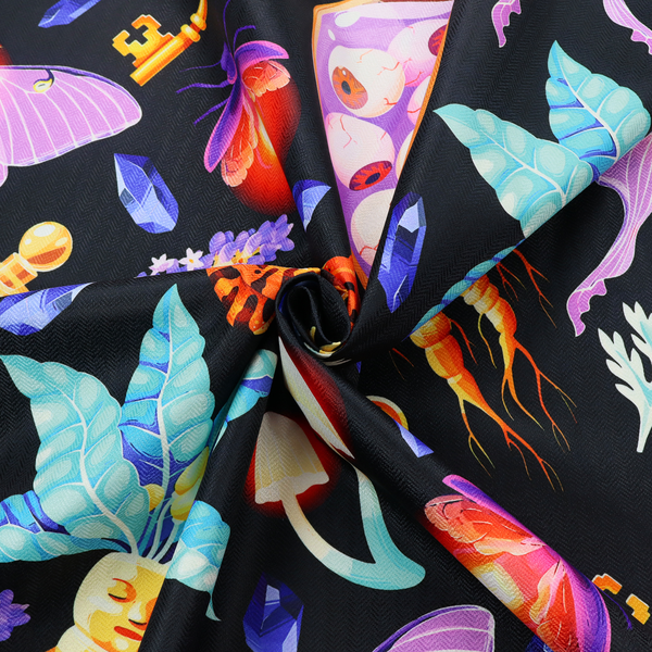A vibrant, repeating mystical pattern on a black background featuring illustrated mandrake roots with faces, orange frogs, purple moths, glowing fireflies, potion bottles filled with eyeballs, ornate golden keys, luminescent mushrooms, lavender sprigs, and scattered crystals.