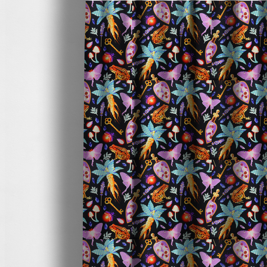 The fabric used to create these made-to-measure curtains is a vibrant, repeating mystical pattern on a black background featuring illustrated mandrake roots with faces, orange frogs, purple moths, glowing fireflies, potion bottles filled with eyeballs, ornate golden keys, luminescent mushrooms, lavender sprigs, and scattered crystals.
