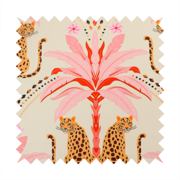 A symmetrical, repeating tropical pattern on a light background featuring stylized leopards sitting below bright pink and red palm trees, accented with pink flowers, green foliage, and geometric dotted arches.
