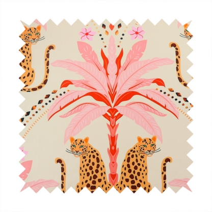 A symmetrical, repeating tropical pattern on a light background featuring stylized leopards sitting below bright pink and red palm trees, accented with pink flowers, green foliage, and geometric dotted arches.