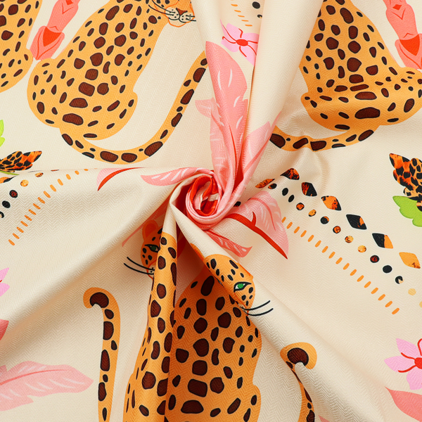 A symmetrical, repeating tropical pattern on a light background featuring stylized leopards sitting below bright pink and red palm trees, accented with pink flowers, green foliage, and geometric dotted arches.