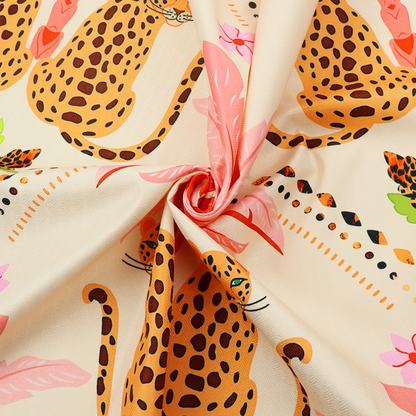 A symmetrical, repeating tropical pattern on a light background featuring stylized leopards sitting below bright pink and red palm trees, accented with pink flowers, green foliage, and geometric dotted arches.